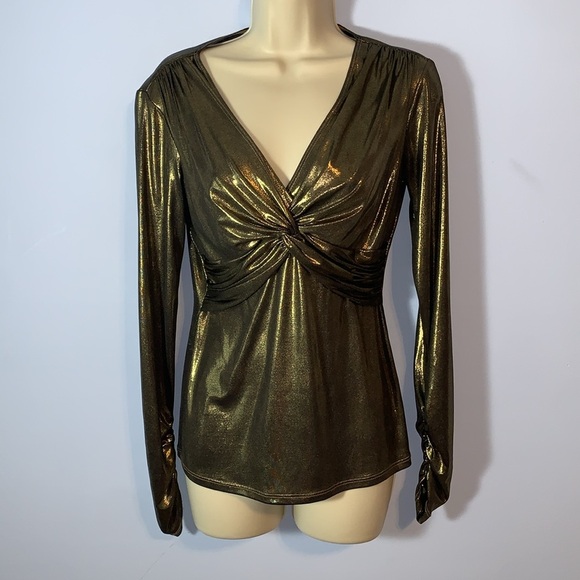 Cache liquid gold bronze twist knot front long sleeve metallic vneck blouse SML - Picture 1 of 8